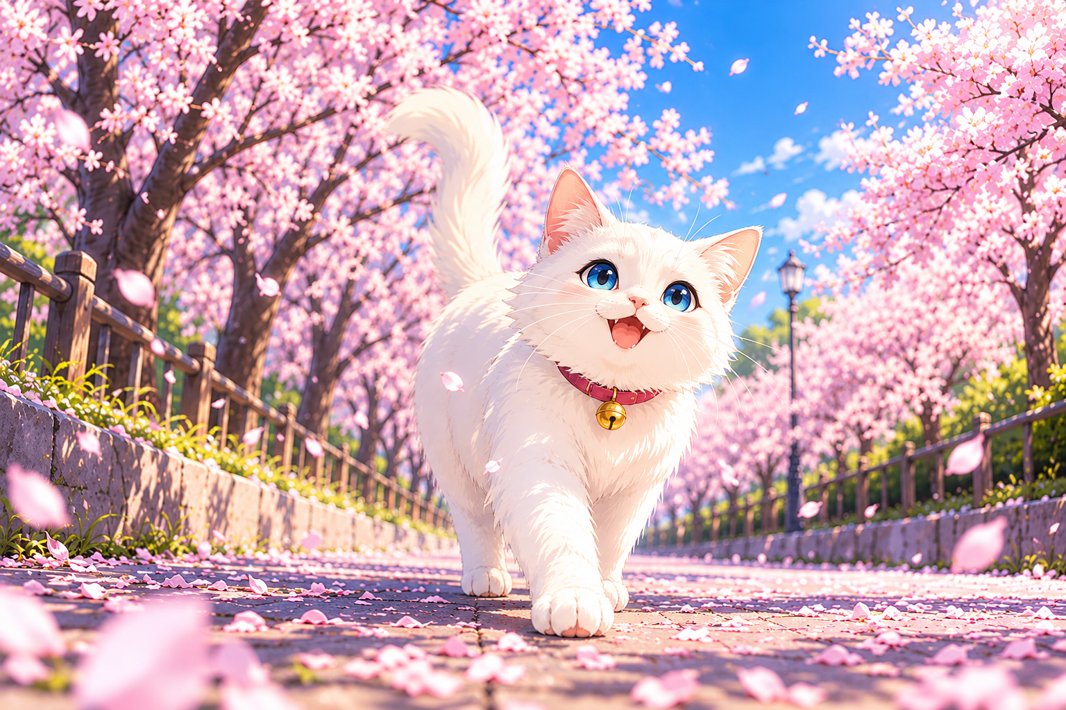 桜並木を歩く白猫の生成画像